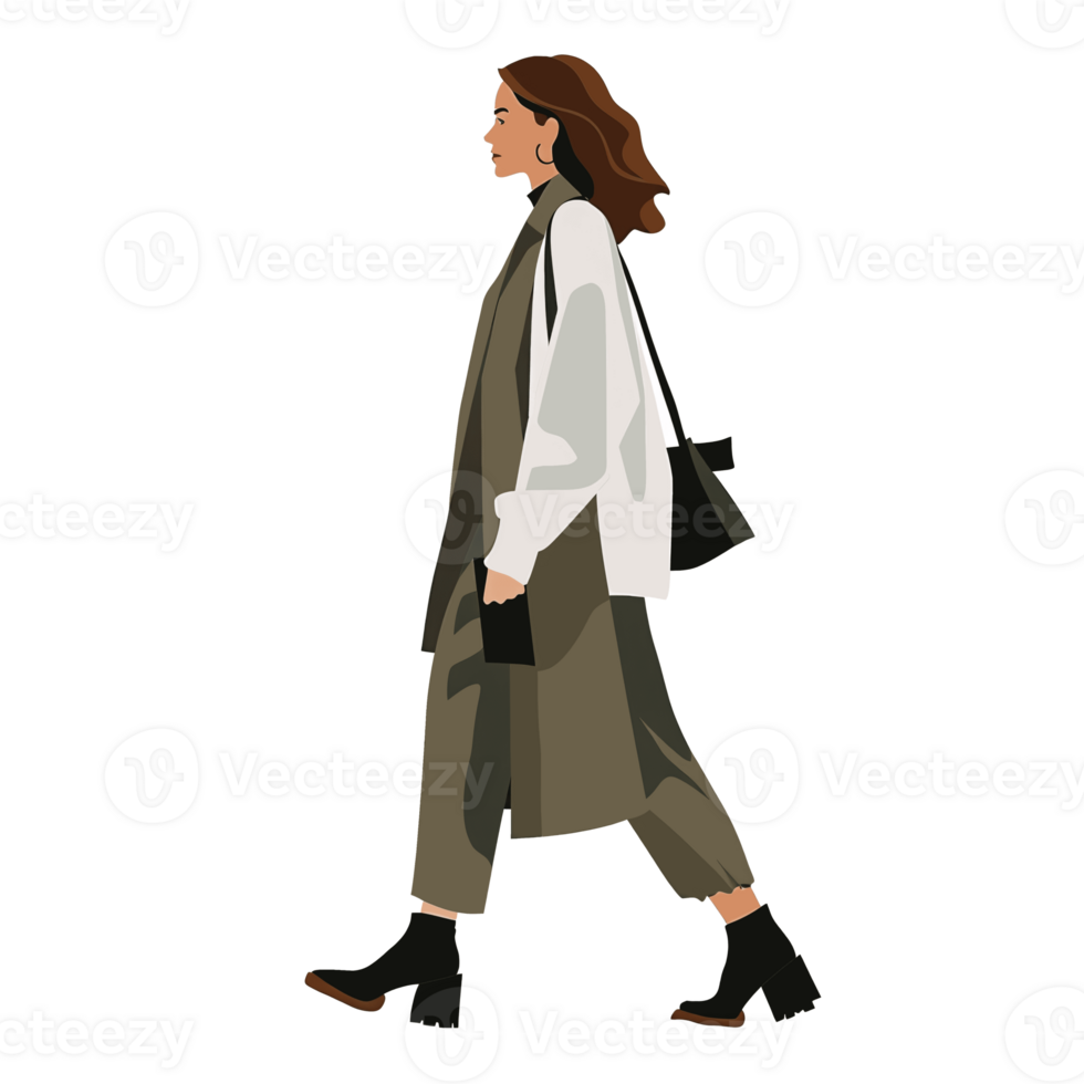 ai generado elegante mujer caminando con bolso, transparente fondo, suelto y fluido estilo png