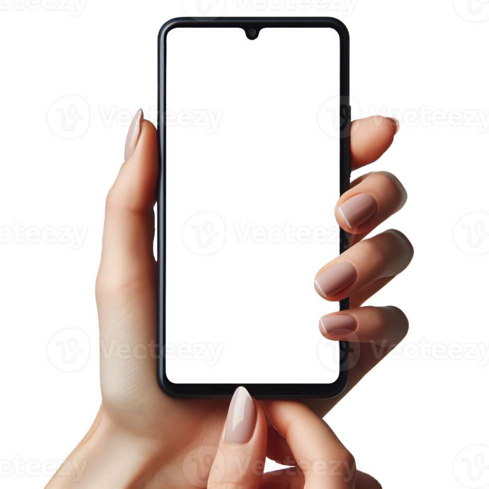 AI generated Female Hands Holding Smartphone with Blank Screen, Smartphone for Mockup, Isolated on Transparent Background png