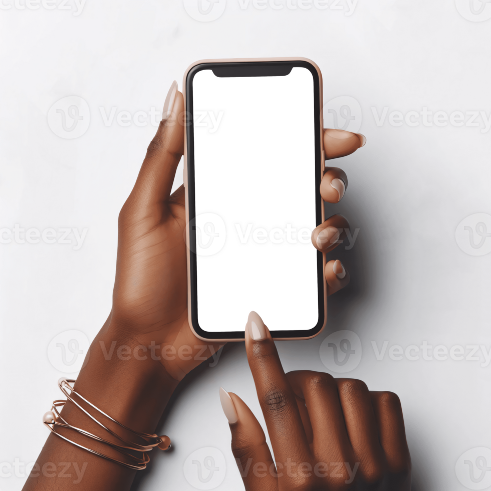 ai generato femmina mani Tenere smartphone con vuoto schermo, smartphone per modello, isolato su trasparente sfondo png