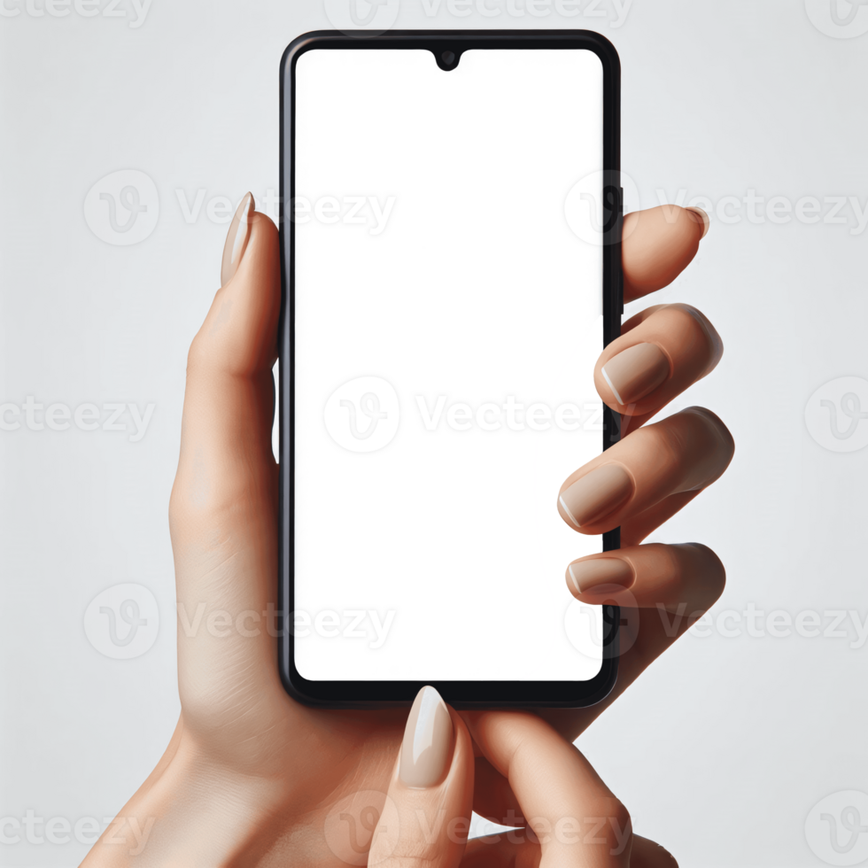 AI generated Female Hands Holding Smartphone with Blank Screen, Smartphone for Mockup, Isolated on Transparent Background png