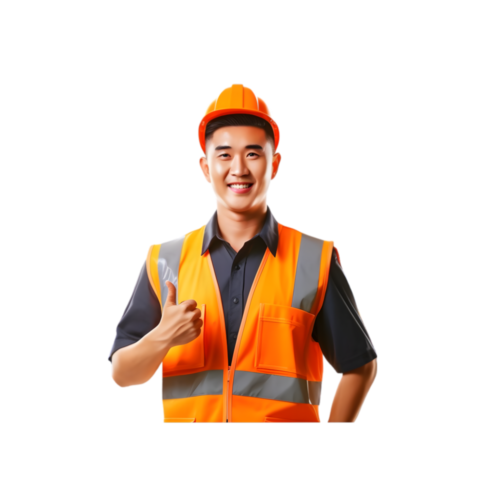 AI generated asian man in orange vest and safety vest holding a thumbs up png