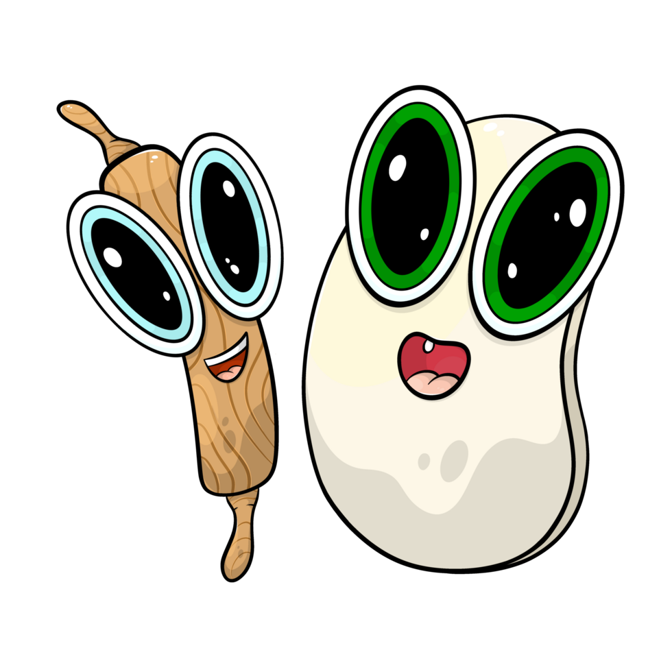 Happy kawaii rolling pin and dough characters with big cartoonish eyes. png