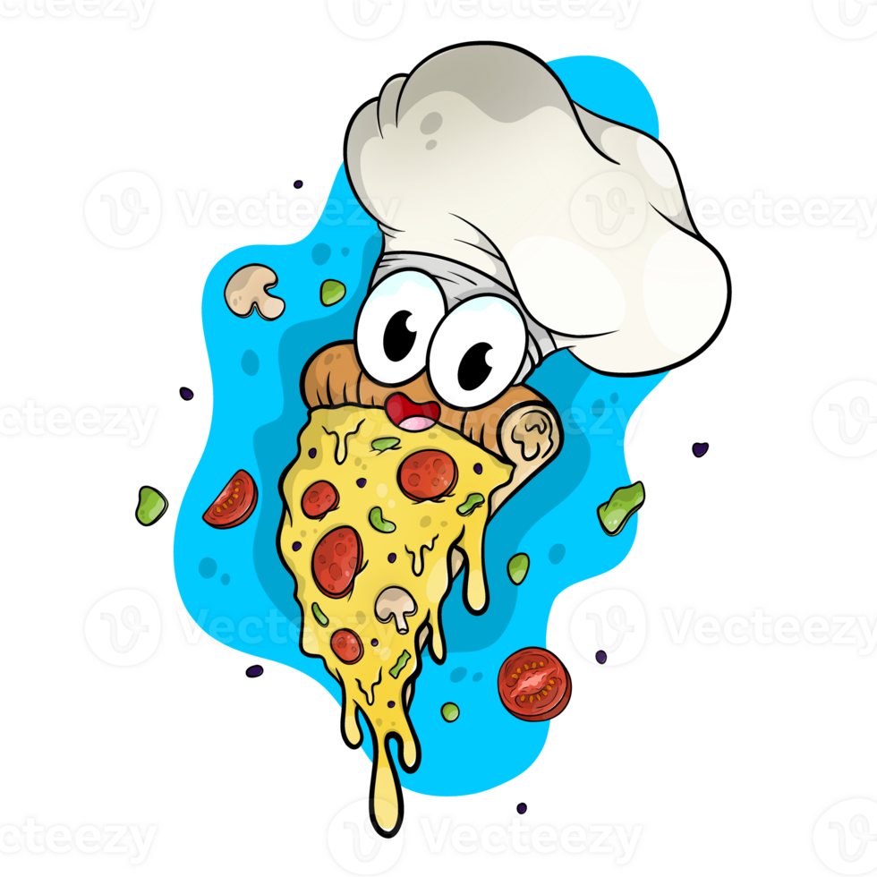 Cute pepperoni and vegetable pizza chef with giant cartoony eyes. png