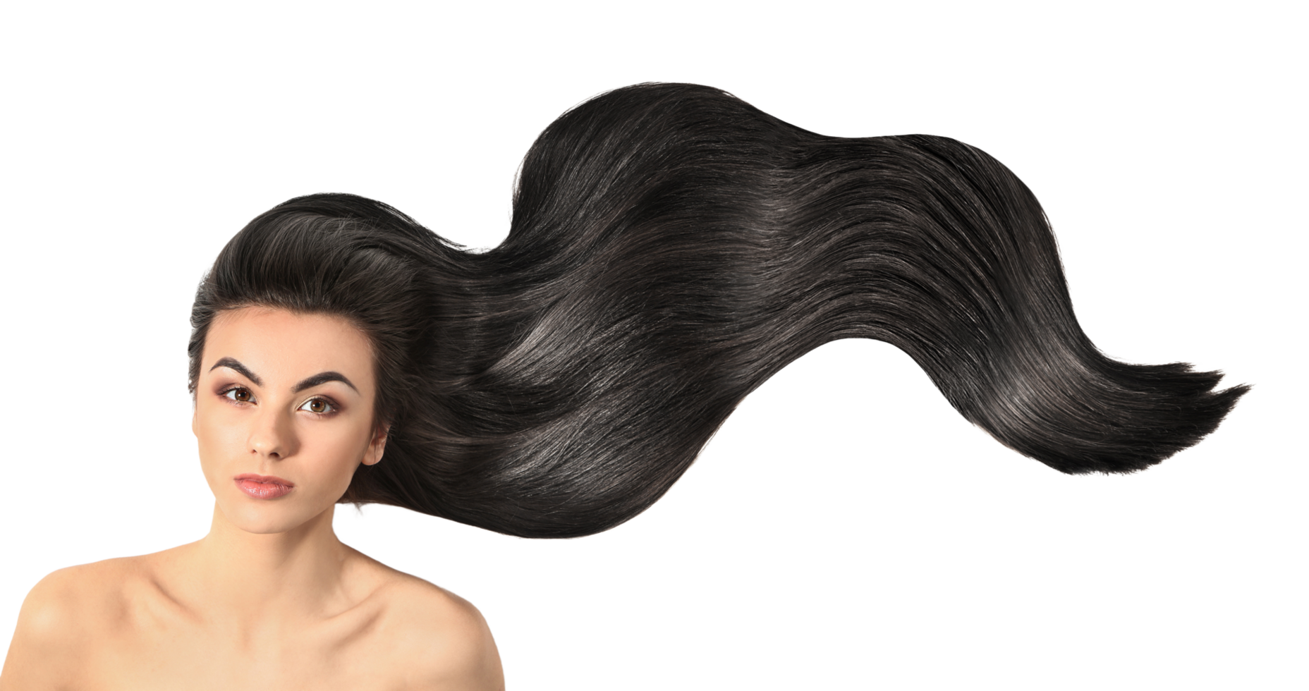 Curvy black long hair isolated on white background, hair extensions close up png