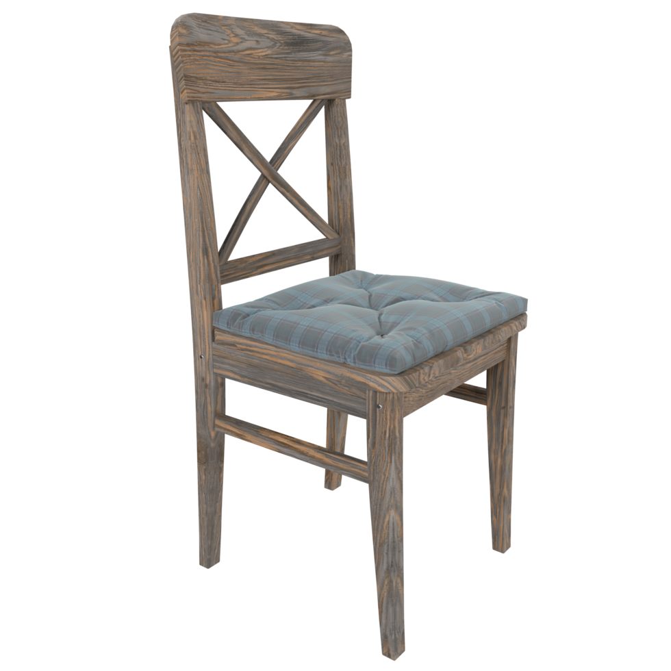 A wooden chair with a blue cushion and a wooden back png