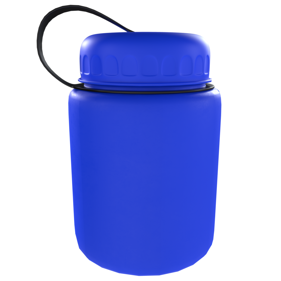a blue water bottle with a black handle png