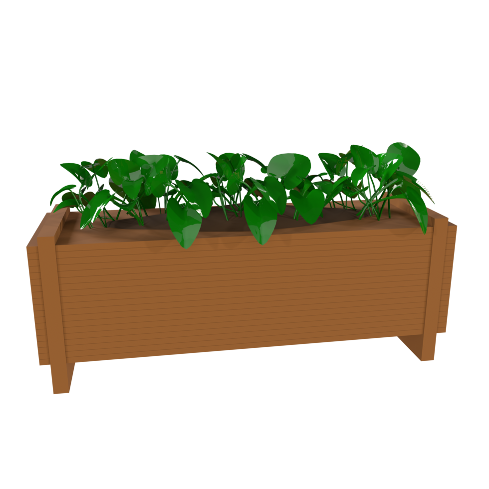 3d model of a wooden planter with plants png