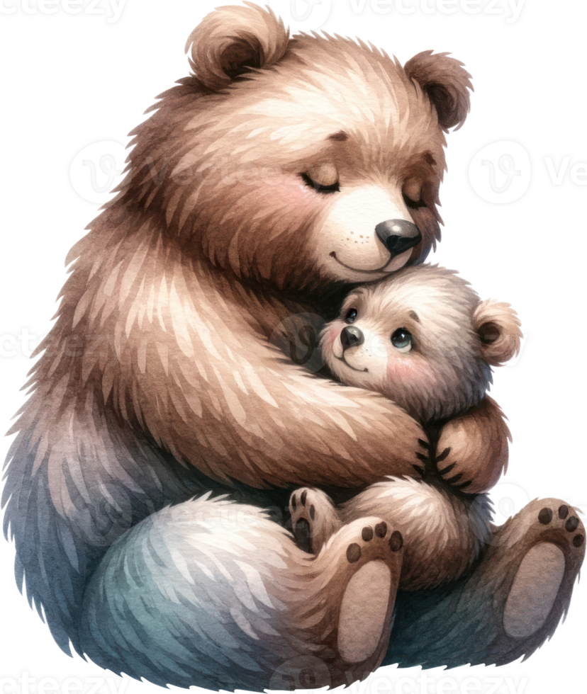 AI generated Heartwarming Bear Embrace - Parent and Cub Illustration, a bear cuddling its cub with a gentle hug exudes love and security, perfect for family themes. png