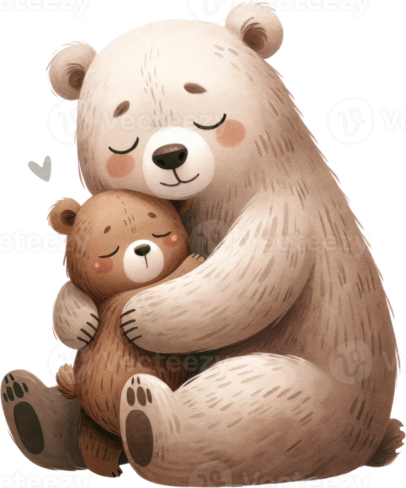 AI generated Heartfelt Bear Hug - Parent and Cub Watercolor, illustration a peaceful and loving moment as a bear parent gently embraces its sleeping cub with affection. png