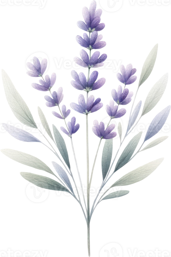 AI generated Lavender Plant Illustration with Flowers and Leaves, A watercolor illustration of a lavender plant, showcasing delicate purple flowers and green leaves against a black background. png