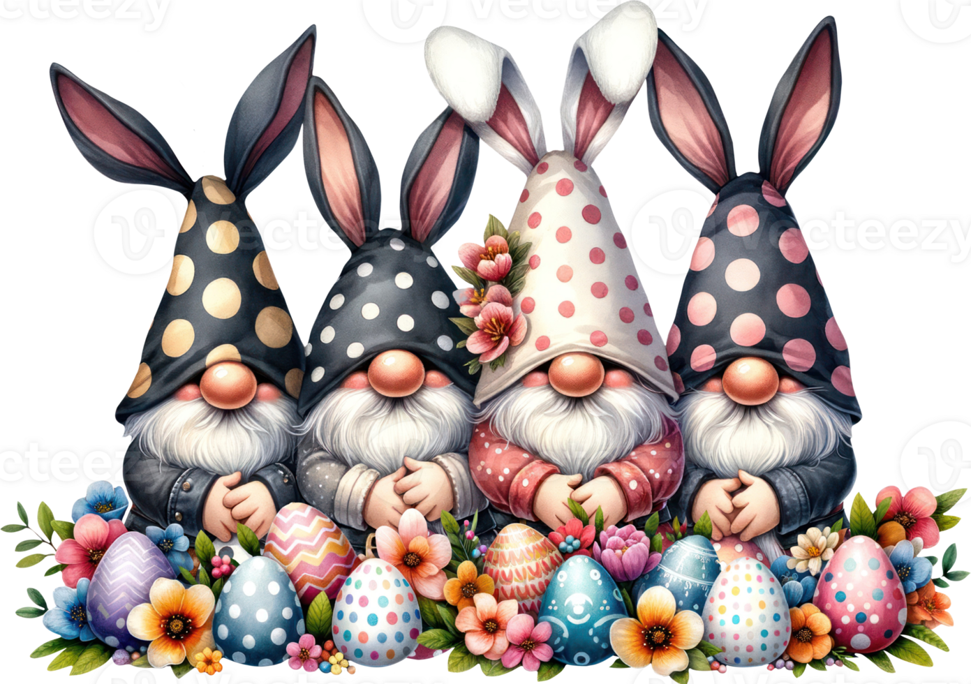 AI generated Easter Gnomes in a Springtime Gathering, A whimsical group of four Easter gnomes with bunny ears hidden among colorful eggs and a vibrant array of spring flowers, creating a charming png
