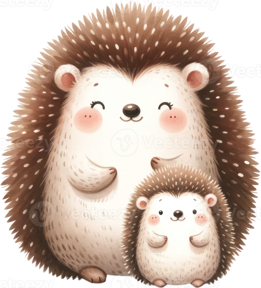 AI generated Charming Hedgehog Parent and Child Watercolor Illustration, An adorable loving embrace of a hedgehog parent with its offspring, ideal for familial themes. png