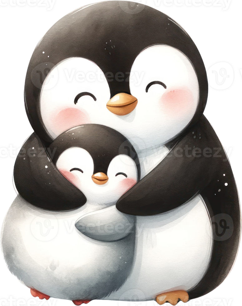 AI generated Penguin Family Hug Watercolor Illustration, a heartwarming embrace among a penguin family, symbolizing love and togetherness in the animal kingdom. png