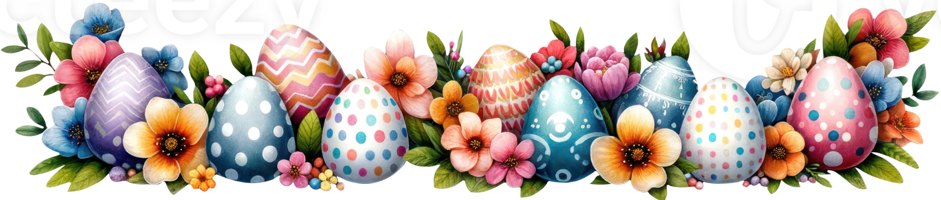 AI generated Festive Easter Eggs and Spring Blooms, An enchanting display of intricately decorated Easter eggs nestled among a vibrant arrangement of spring flowers, symbolizing renewal png