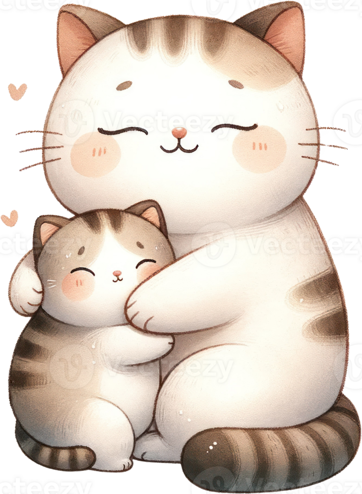 AI generated Contented Cat and Kitten Hugging Illustration, adorable essence of feline affection with a contented cat hugging a happy kitten, radiating joy and comfort. png