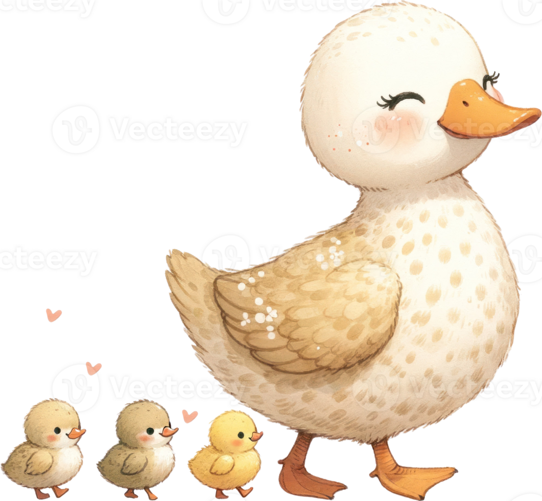 ai generado madre Pato con patitos acuarela ilustración, un orgulloso madre Pato seguido por su adorable patitos, capturar un familia momento en naturaleza. png