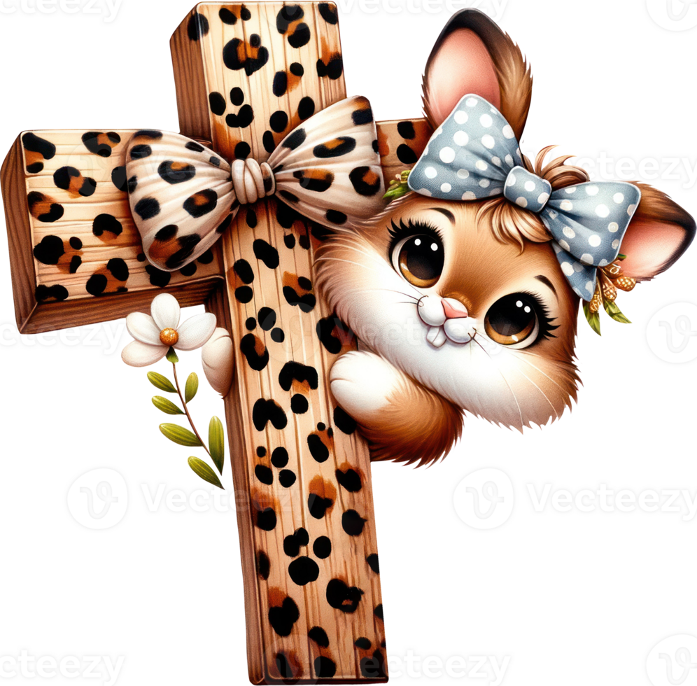 AI generated Whimsical Leopard-Print Bunny, digital illustration of an adorable bunny with leopard-print ears, bow, playfully peeking behind a leopard-print cross, a charming white flower png