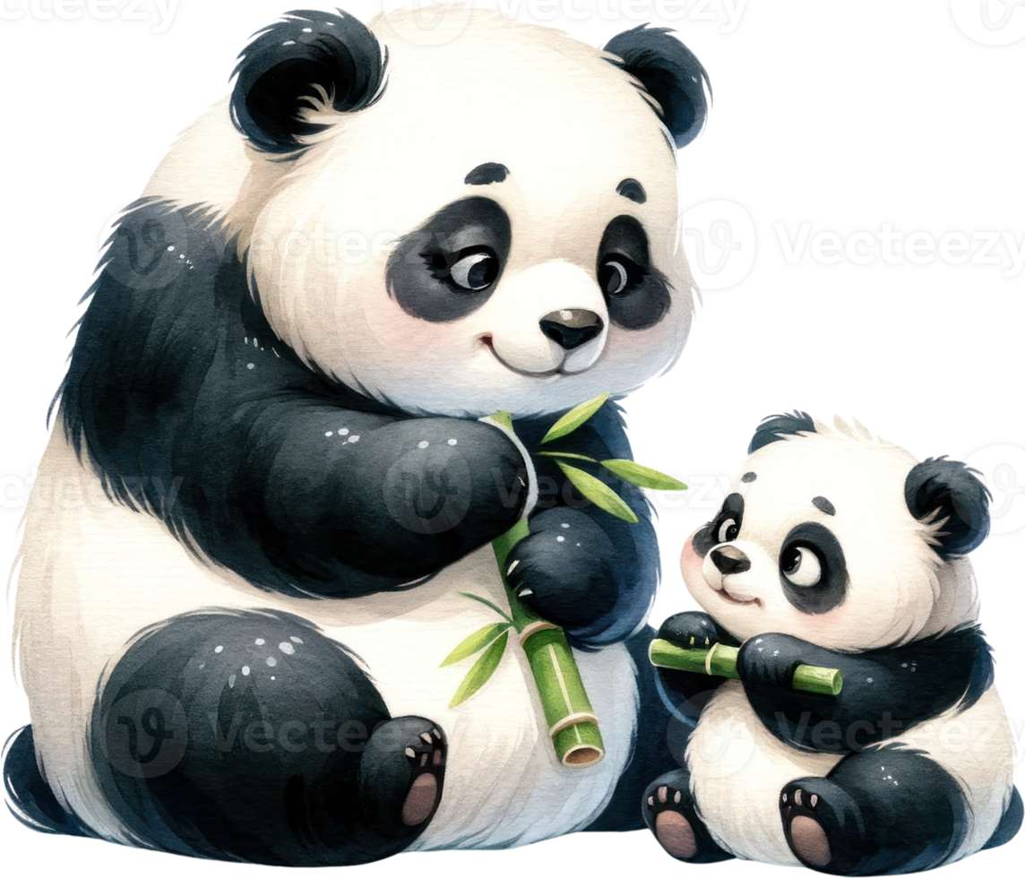 AI generated Mother Panda and Cub Enjoying Bamboo Meal Illustration, a mother panda and her cub sharing a tender moment while munching on fresh bamboo. png