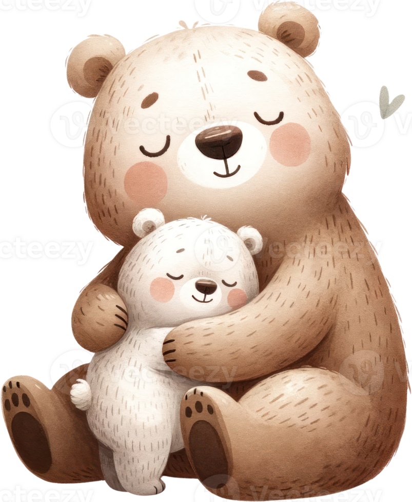 AI generated Caring Bear Mother Hugging Her Cub Watercolor, A soothing watercolor illustration of a bear mother holding her sleeping cub in a warm embrace, symbolizing comfort and maternal love. png