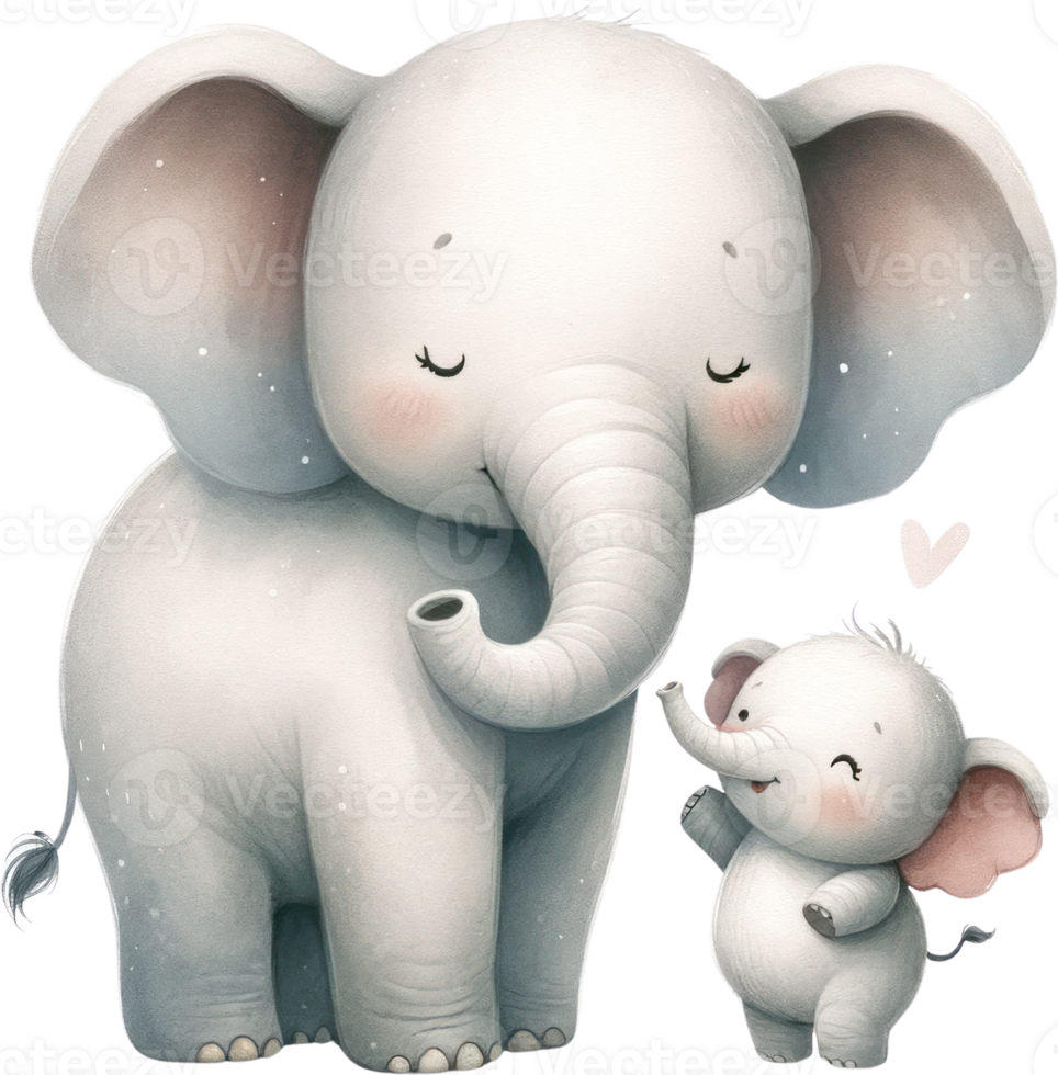 AI generated Mother Elephant with Calf Watercolor Illustration, adorable a tender moment between a mother elephant and her smiling calf, evoking a sense of loving protection. png