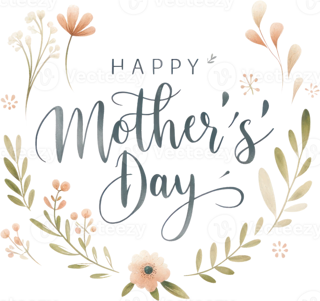 AI generated Happy Mother's Day Floral Greeting Design, Elegant watercolor illustration with 'Happy Mother's Day' calligraphy surrounded by a wreath of delicate flowers and leaves. png