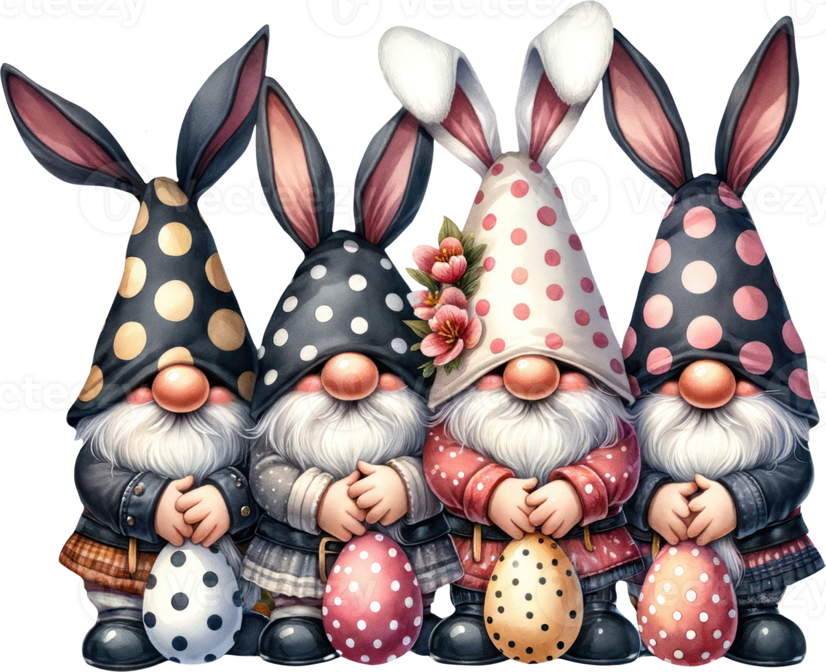 AI generated Merry Band of Easter Gnomes, A charming quartet of gnomes with bunny ears, each clutching a decorated Easter egg, ready to add a touch of enchantment and joy to the spring festivities png