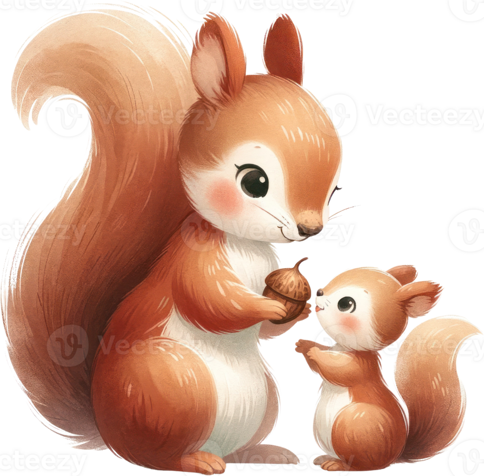 AI generated Mother Squirrel Sharing Acorn with Baby, heartwarming watercolor illustration depicts a mother squirrel gently offering an acorn to her curious baby, a lovely of nurturing and learning png