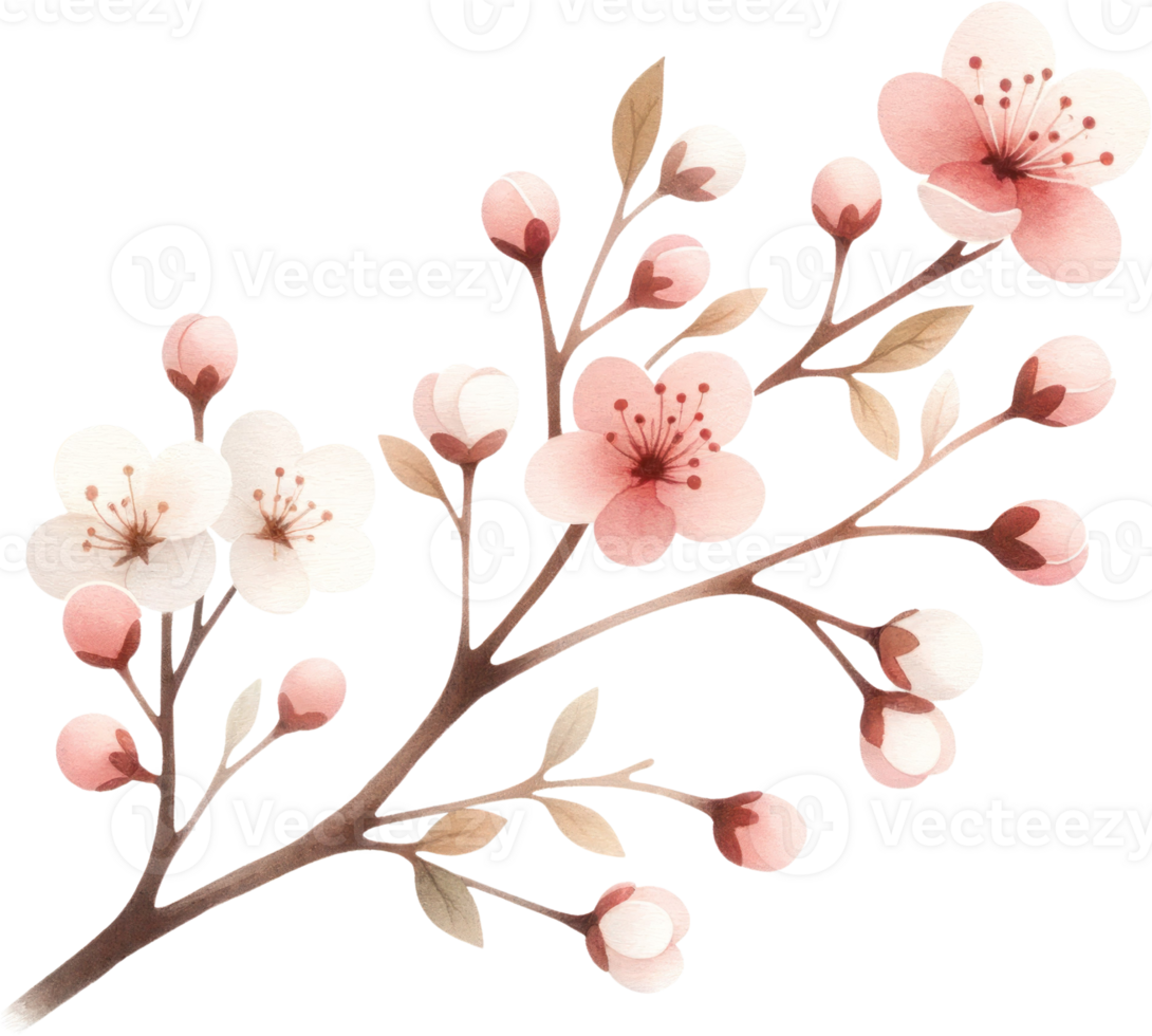 AI generated Watercolor Cherry Blossom Branch Illustration, A watercolor painting of a cherry blossom branch with blooming flowers and buds against a black background. png
