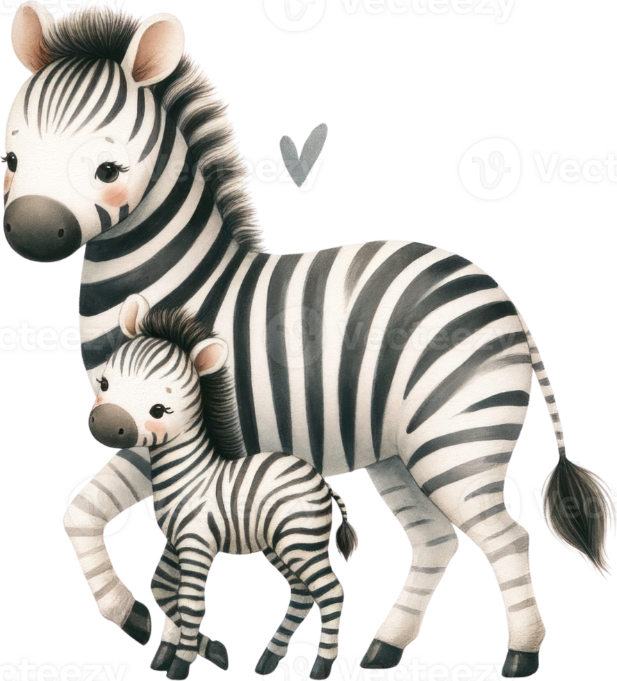 AI generated Protective Zebra Mother with Foal Illustration, An endearing watercolor illustration of a zebra mother attentively standing with her young foal, a scene of wild familial bonds. png