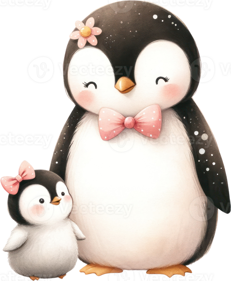 AI generated Mother and Child Penguin Illustration, A tender illustration of a mother penguin with a bow and her chick, symbolizing motherhood and love. png