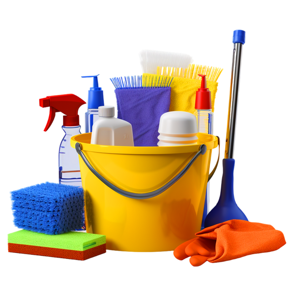 AI generated Cleaning service Bucket with sponges chemicals bottle png