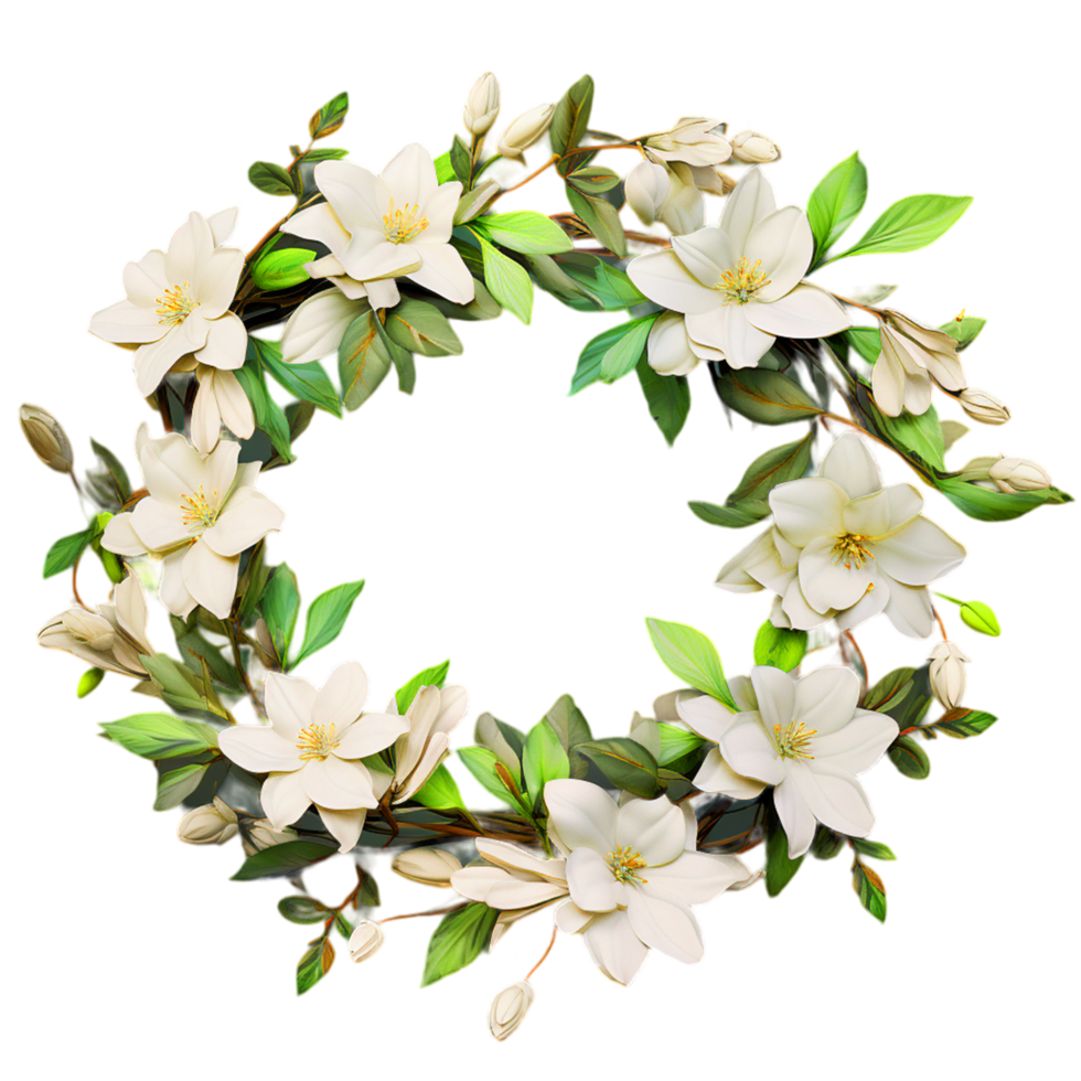 AI generated Lush Plumeria wreath with white flowers and greenery png