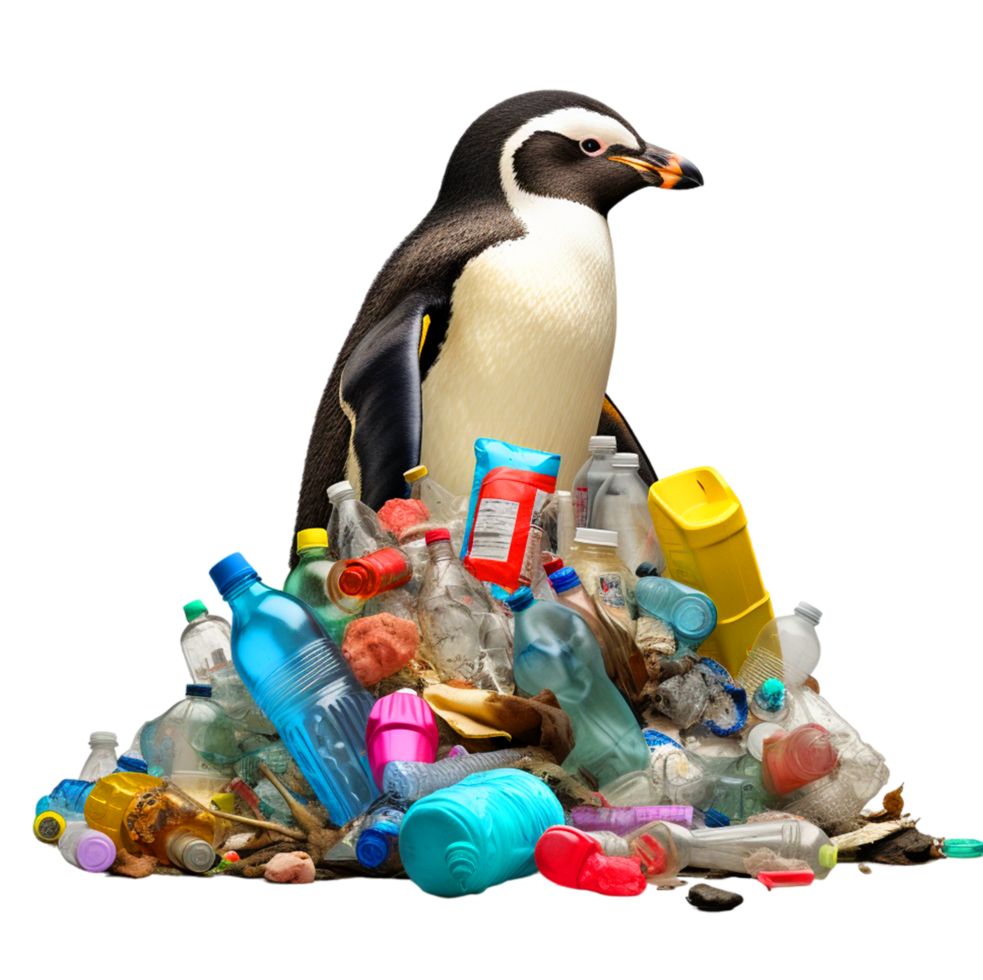 ai generado pingüino con basura el plastico residuos ambiental png