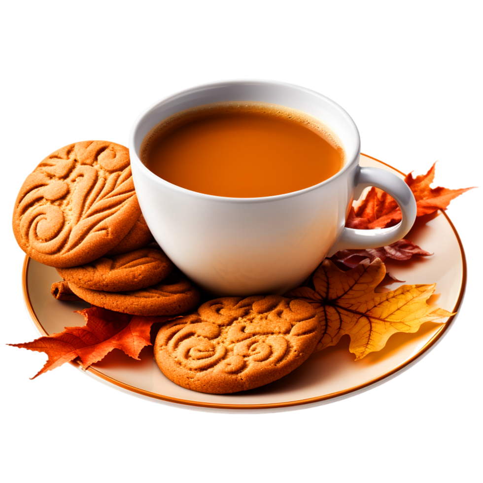 AI generated cookies and coffee cup with autumn leaves png
