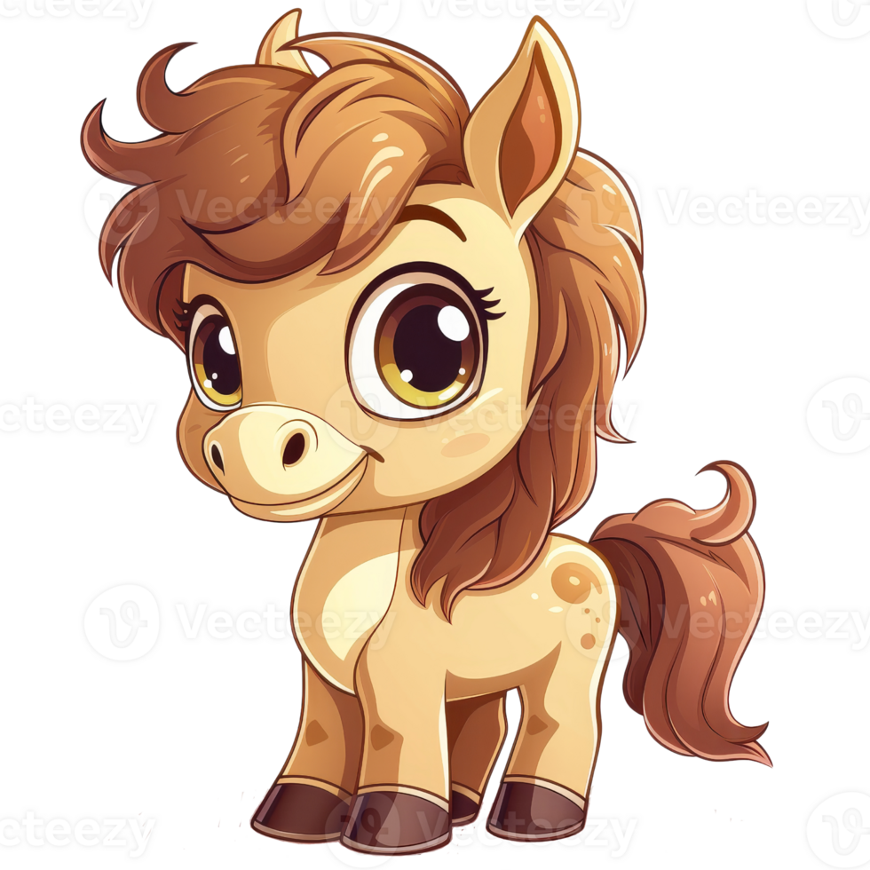 AI generated Cartoon pony with brown mane and brown eyes suitable for childrens book illustrations, greeting cards, or farmthemed designs. png