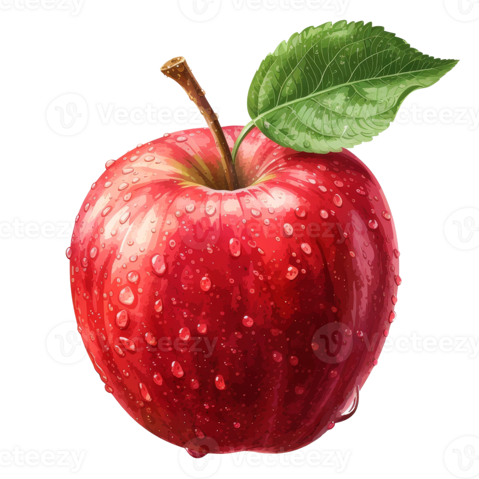 AI generated Red apple with a leaf and water droplets suitable for food blogs, recipes, healthy eating articles, grocery stores, and nutrition websites png