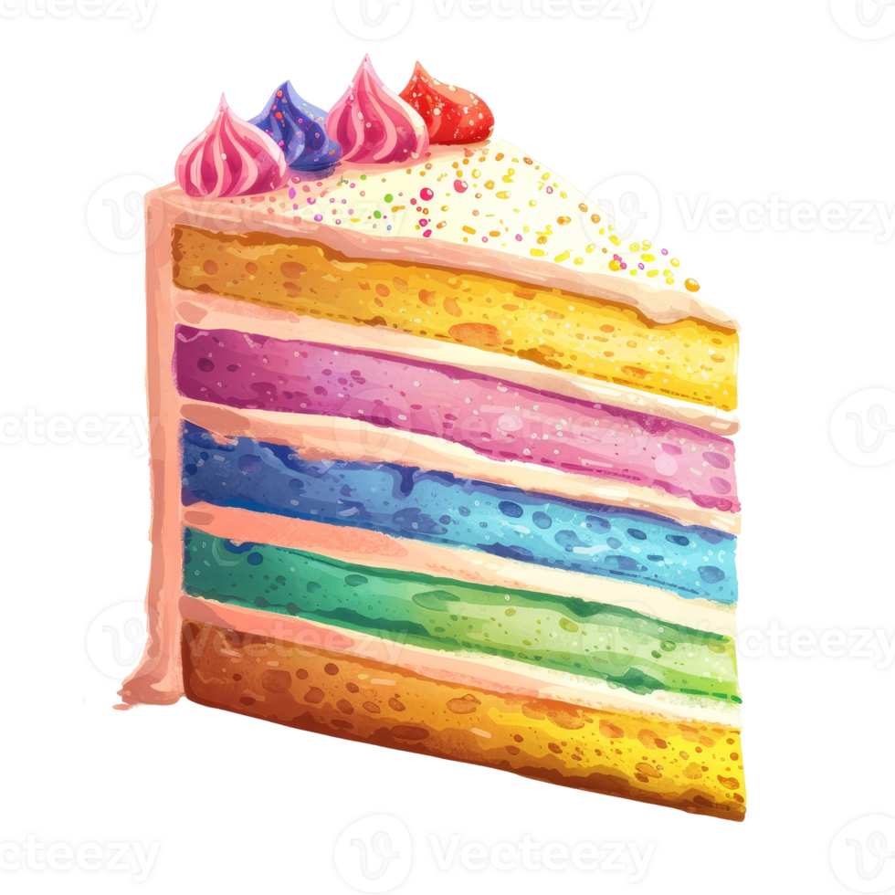 AI generated Piece of rainbow cake, suitable for birthday party invitations, celebration themes, and sweet dessert concepts for design projects. png