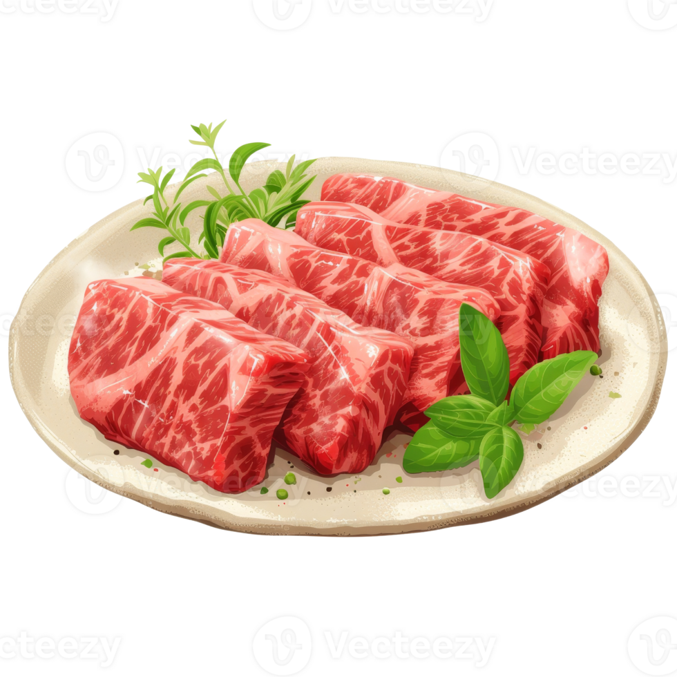 AI generated Plate of wagyu meat with basil leaves, suitable for food blogs, restaurant menus, and cooking websites, showcasing delicious and appetizing dishes. png