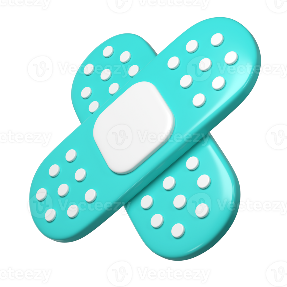 3d medical two cross plasters icon. Rendering illustration of sticky medic bandage. Turquoise and white color medic recovery patch in cute cartoon design png