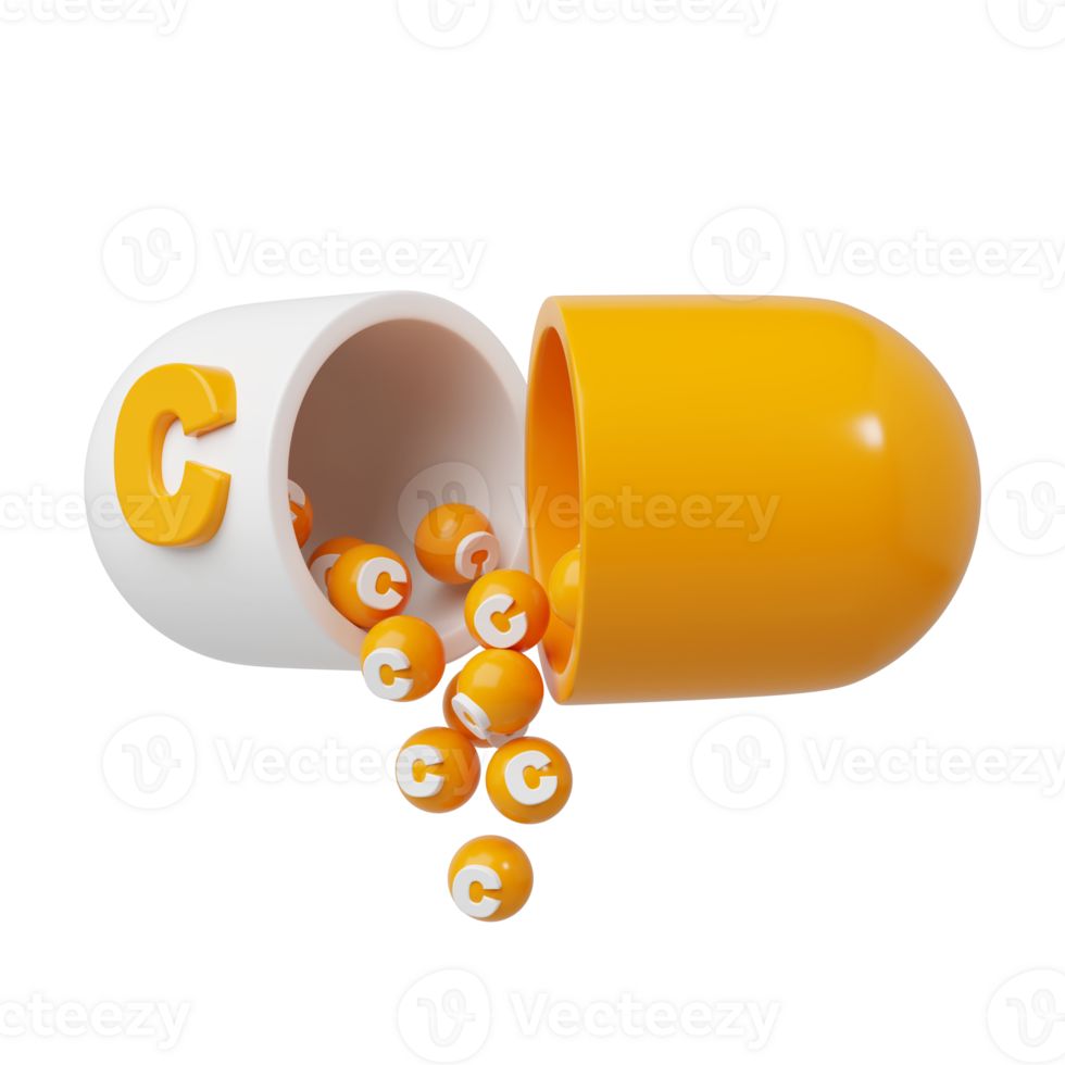 Orange pill or capsule filled with vitamin C. granules are poured out of the open tablet. 3D Rendering illustration png