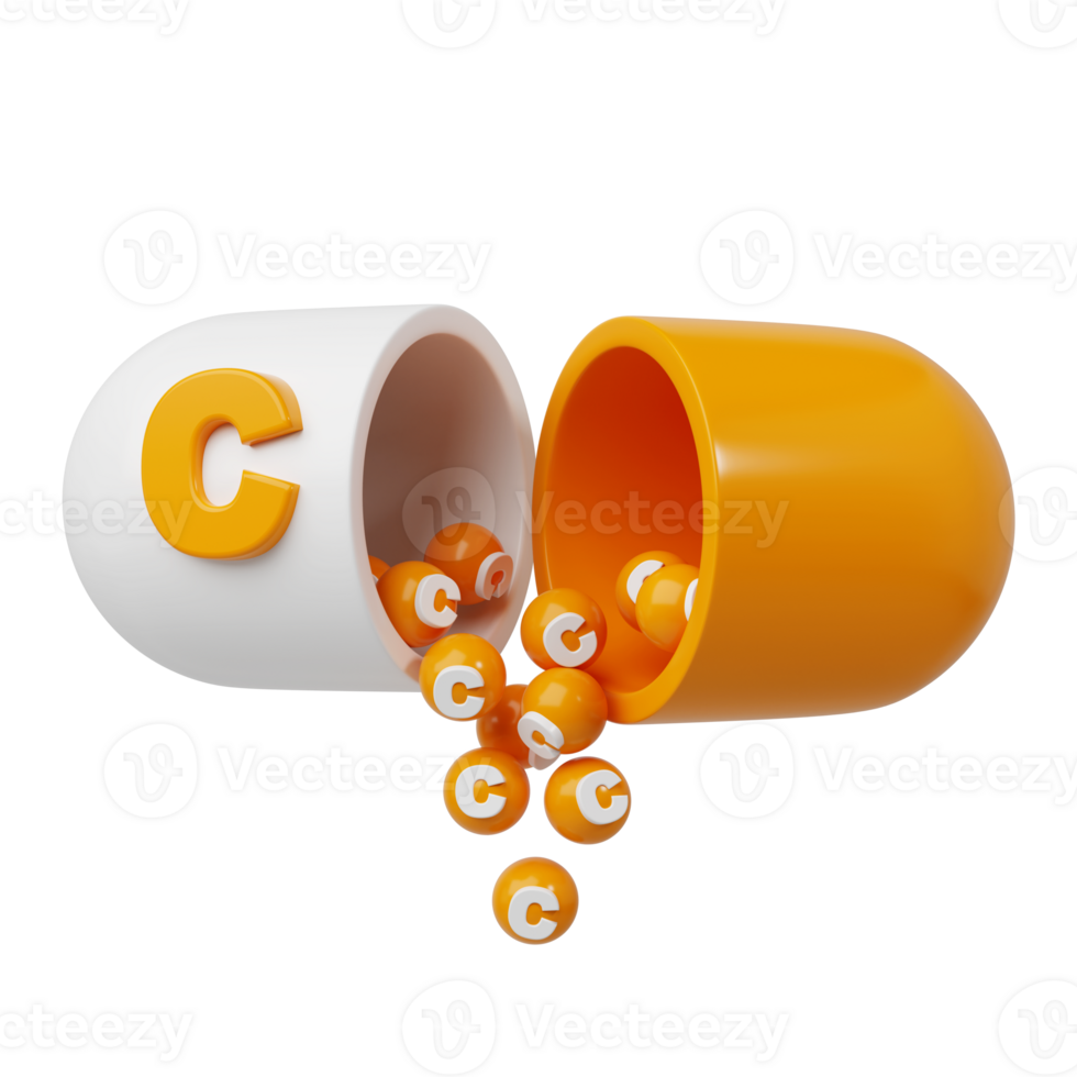 Orange pill or capsule filled with vitamin C. granules are poured out of the open tablet. 3D Rendering illustration png