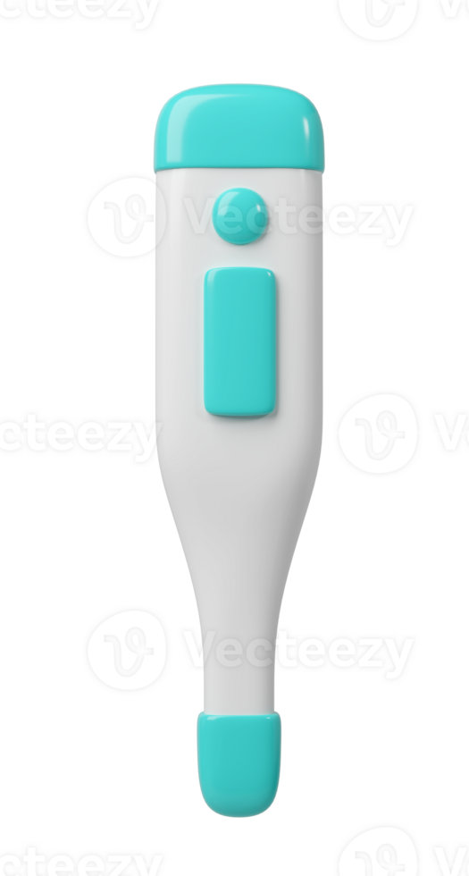 3d medical electronic thermometer icon. Rendering illustration of medicine diagnostic instrument to temperature measurement in turquoise color. Cute cartoon design. Healthcare tool png