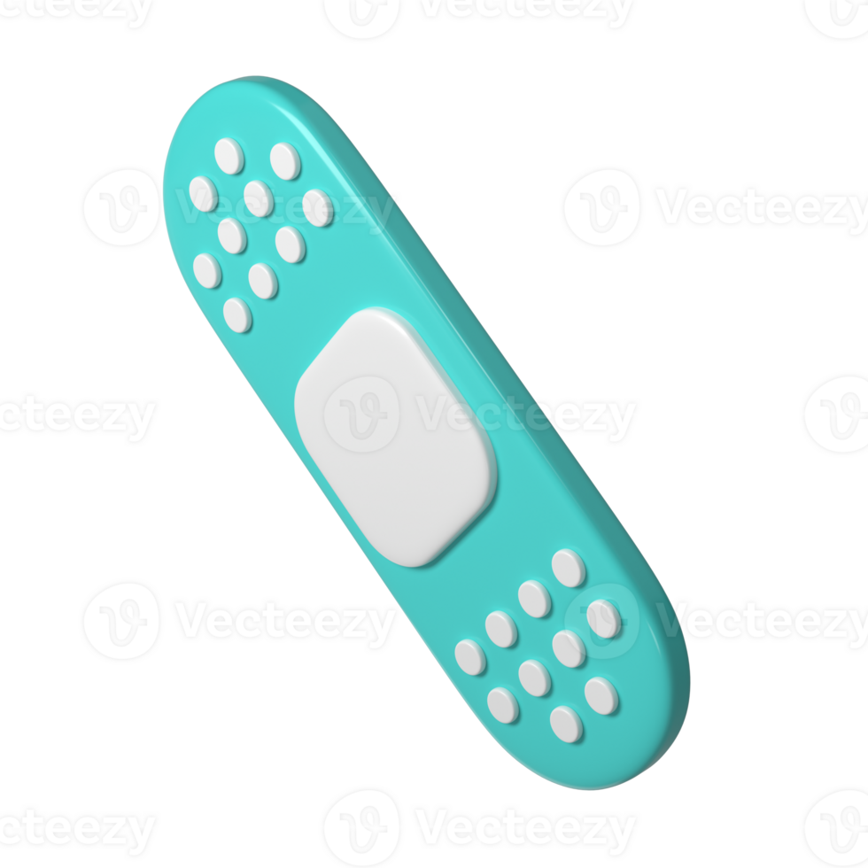 3d medical plaster icon. Rendering illustration of sticky medic bandage. Turquoise and white color medic recovery patch in cute cartoon design png