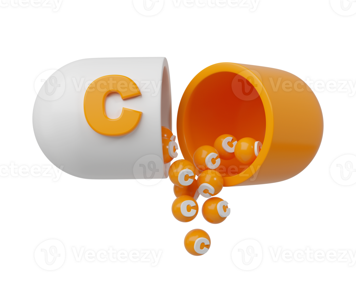 oranje pil of capsule gevulde met vitamine c. medisch korrels zijn gegoten uit van de Open tablet. 3d renderen illustratie png