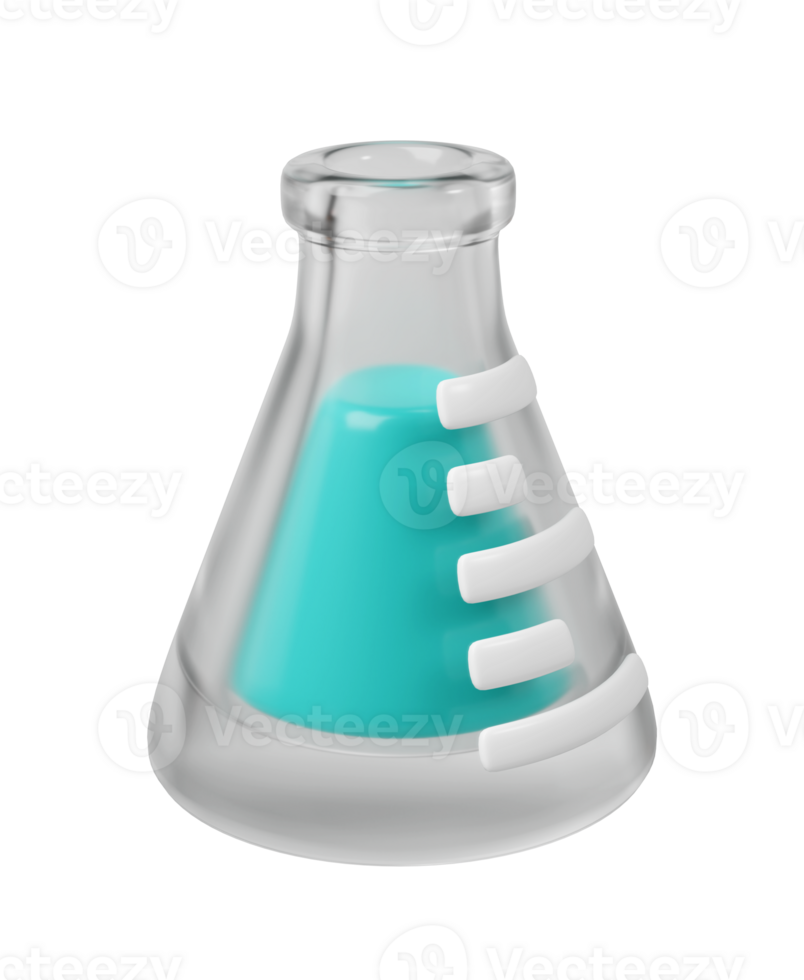 3d medical transparent glass flask with liquid. Scientific technology. laboratory, biotechnology, chemistry, science concept. Trendy and modern 3d style png