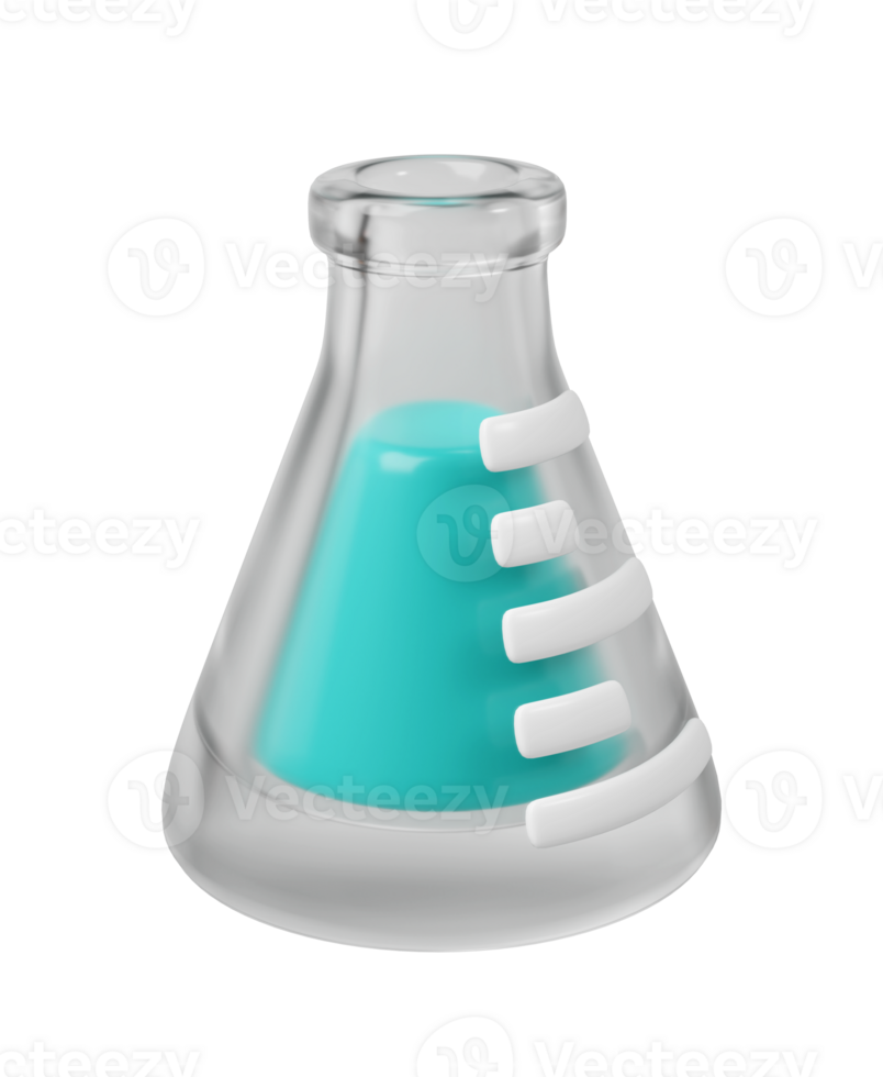 3d medico trasparente bicchiere borraccia con liquido. scientifico tecnologia. laboratorio, biotecnologia, chimica, scienza concetto. di moda e moderno 3d stile png