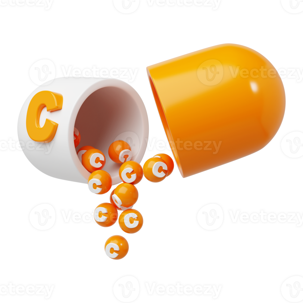 Orange pill or capsule filled with pharmacy vitamin C. granules are poured out of the open tablet. 3D Rendering illustration png