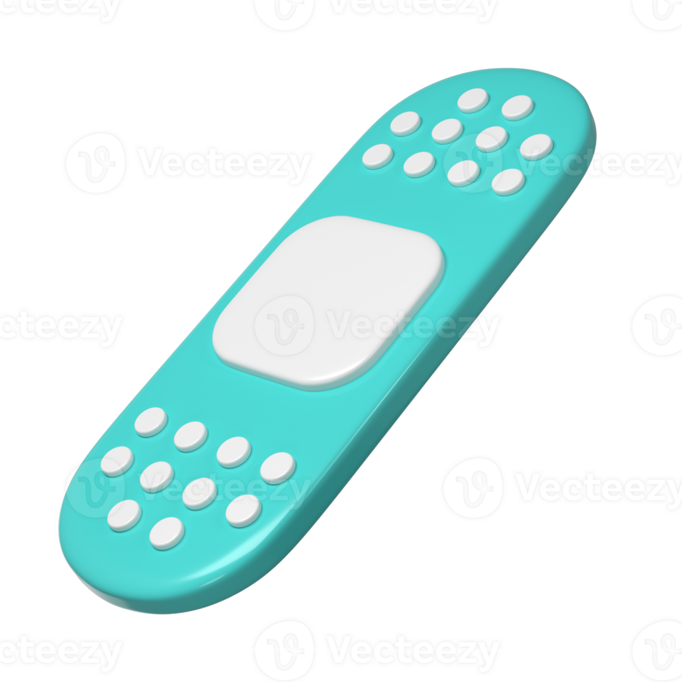 3d medical plaster icon. Render illustration of sticky medic bandage. Turquoise and white color medic recovery patch in cute cartoon design. First aid concept png