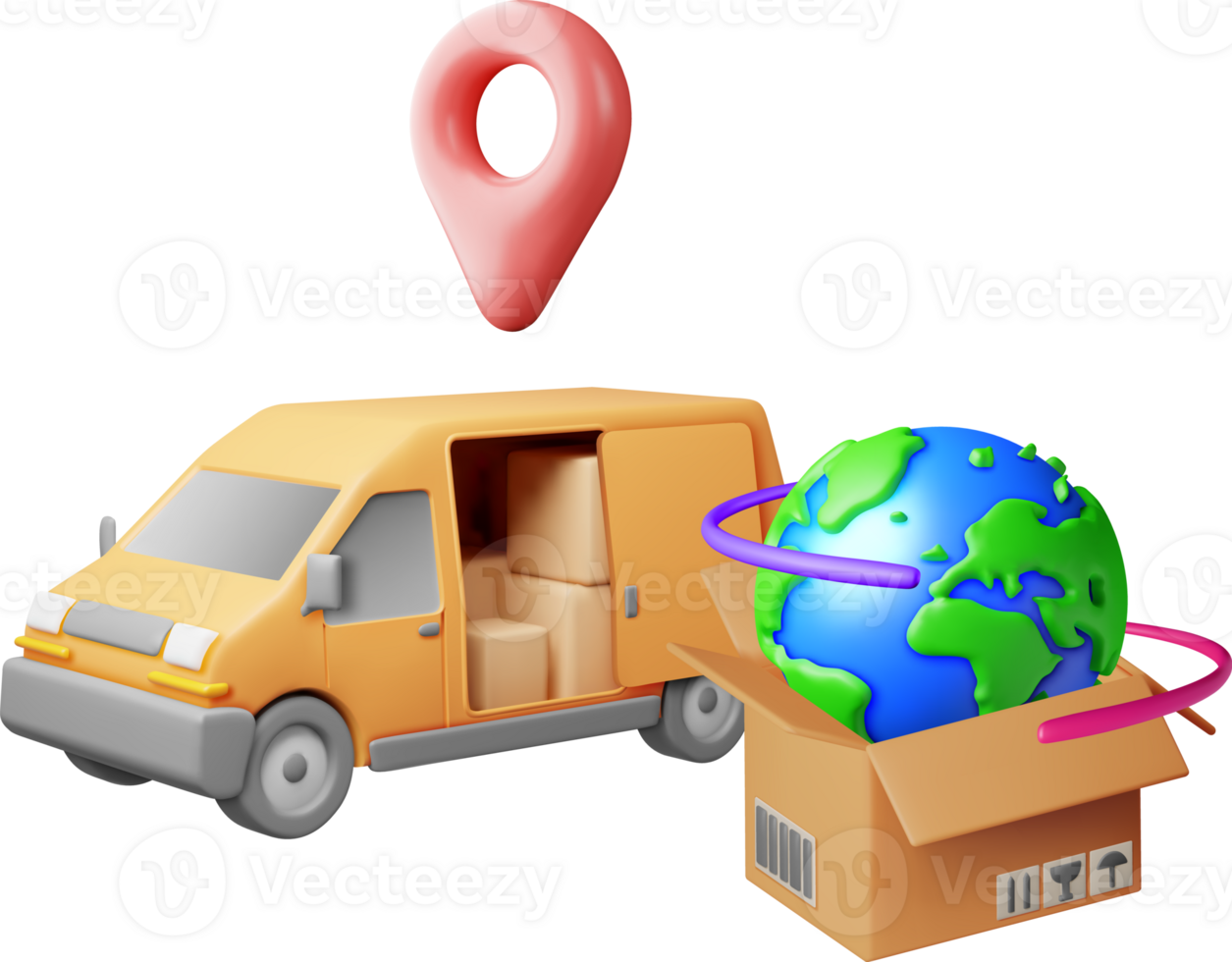 3D Delivery Van and Cardboard Boxes png