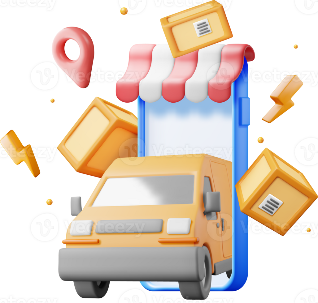 3D Delivery Van and Cardboard Boxes in Smartphone png